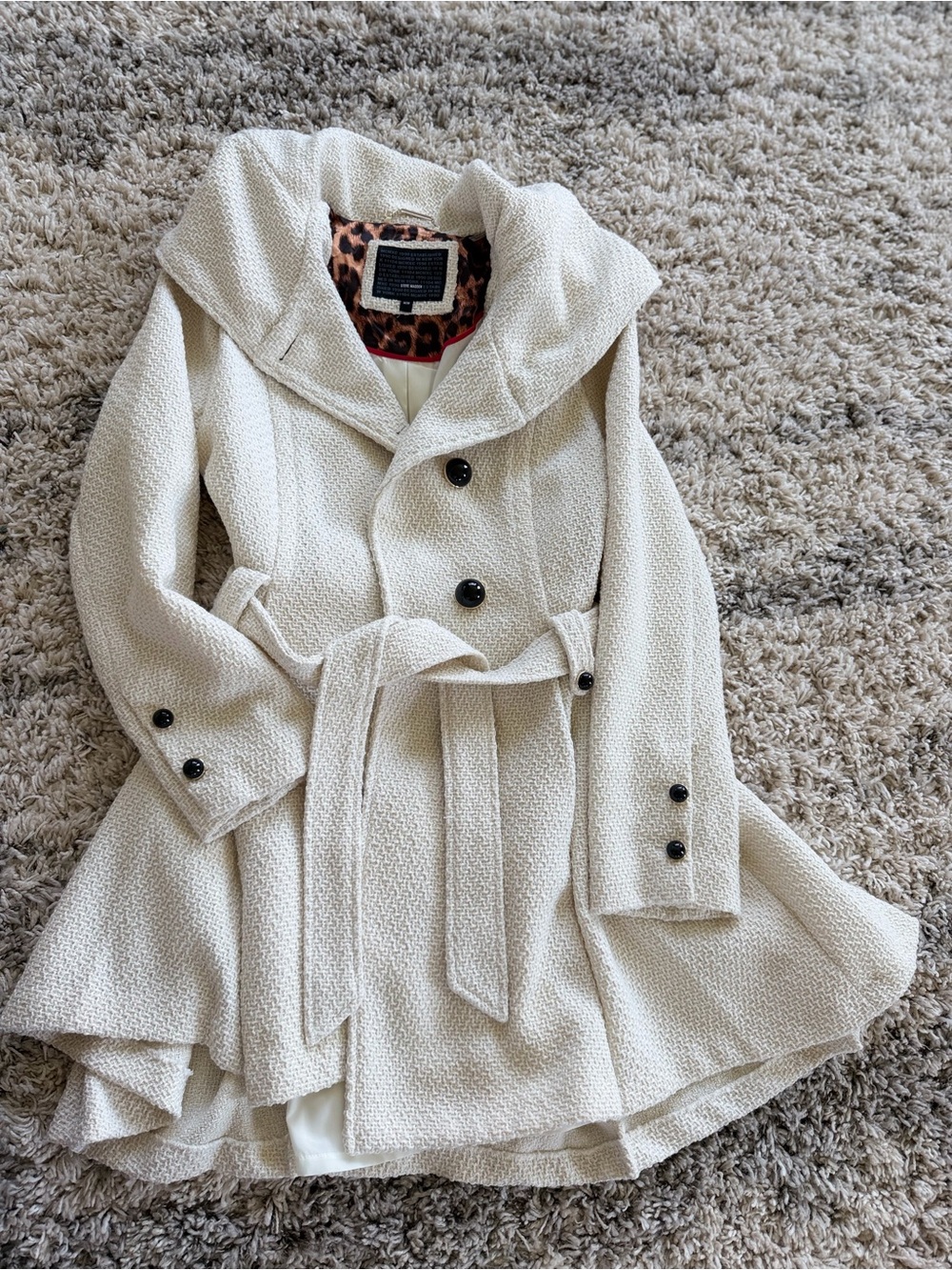 Steve Madden Cream Textured Belted Pea Coat with Hood